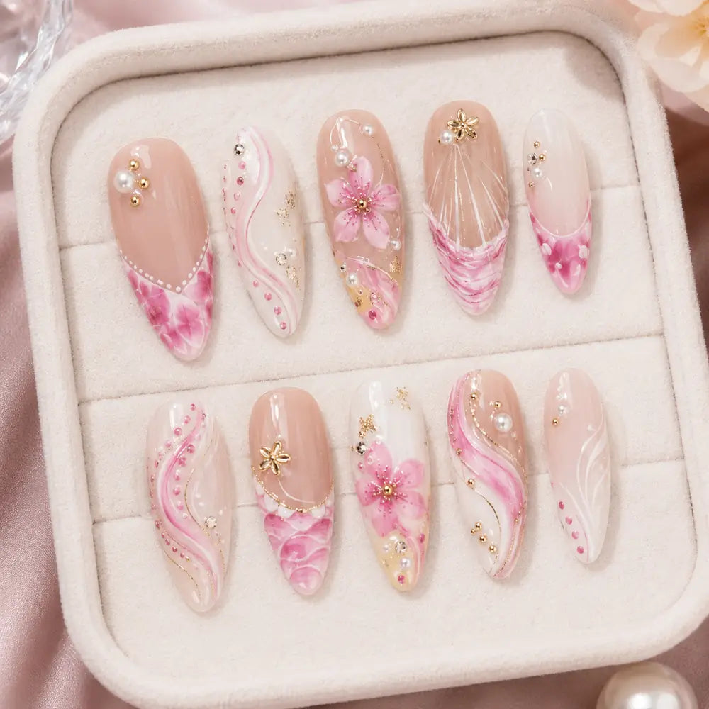 Pink Floral Garden Rhinestone 3D Press On Nails — image 2