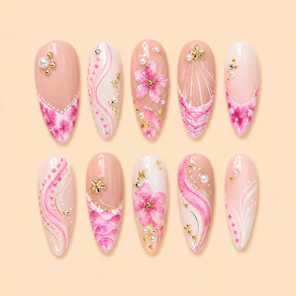 Pink Floral Garden Rhinestone 3D Press On Nails — image 1