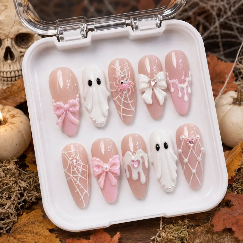 Pink Ghost Bow Halloween Press On Nails — image 2