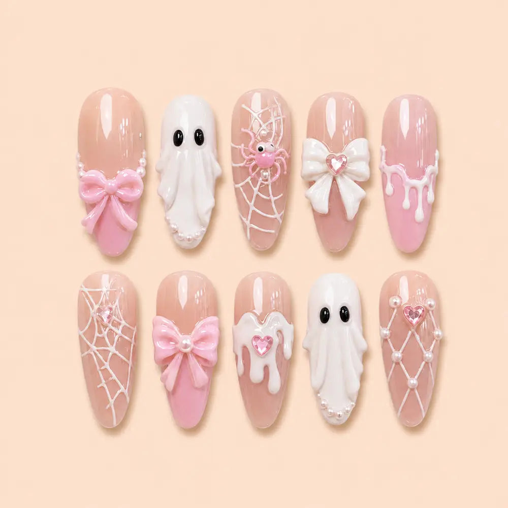Pink Ghost Bow Halloween Press On Nails — image 1