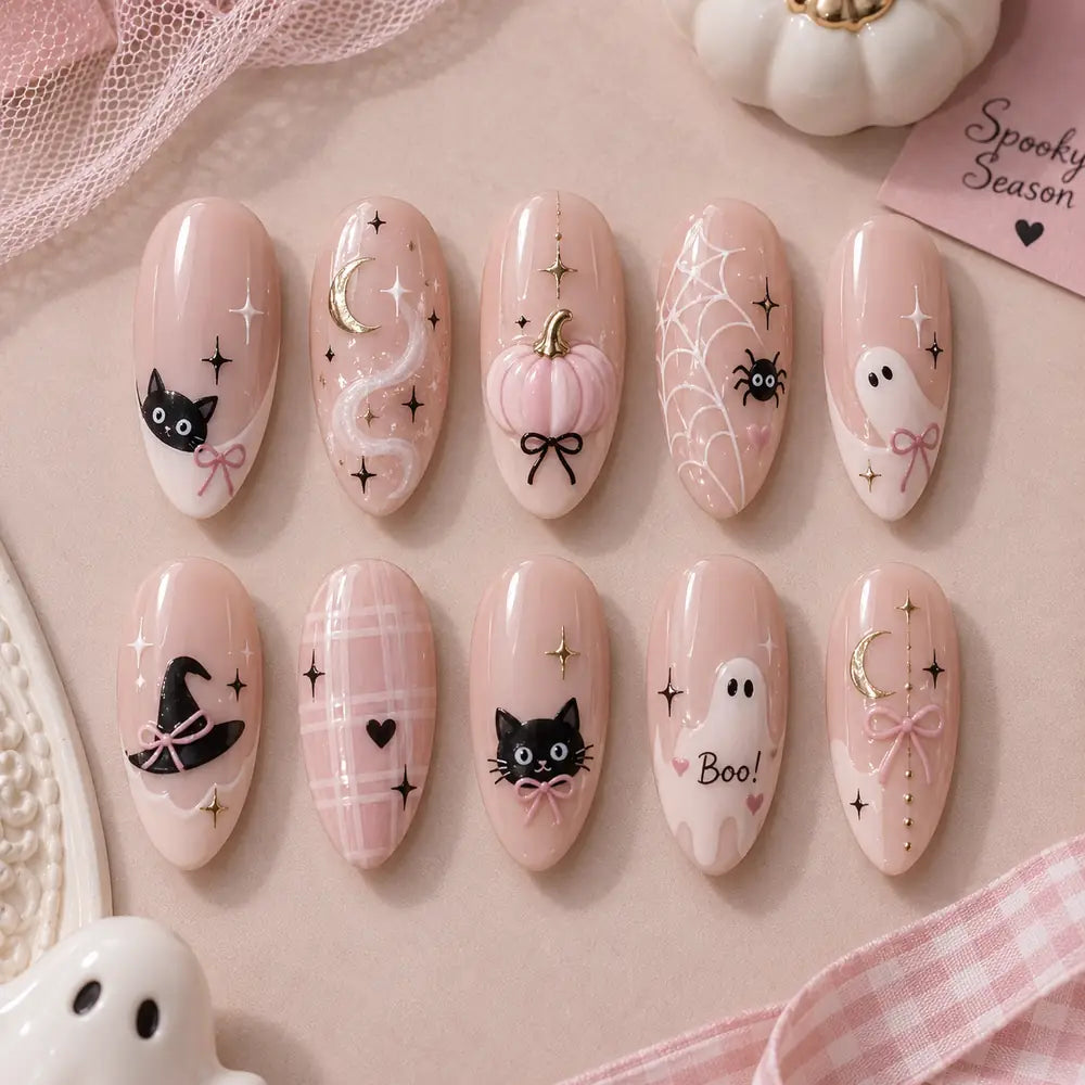 Pink Ghost Cat & Pumpkin Halloween Press On Nails — image 2