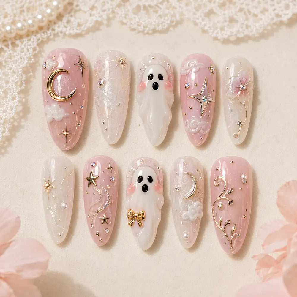 Pink Ghost Moon 3D Press On Nails — image 2