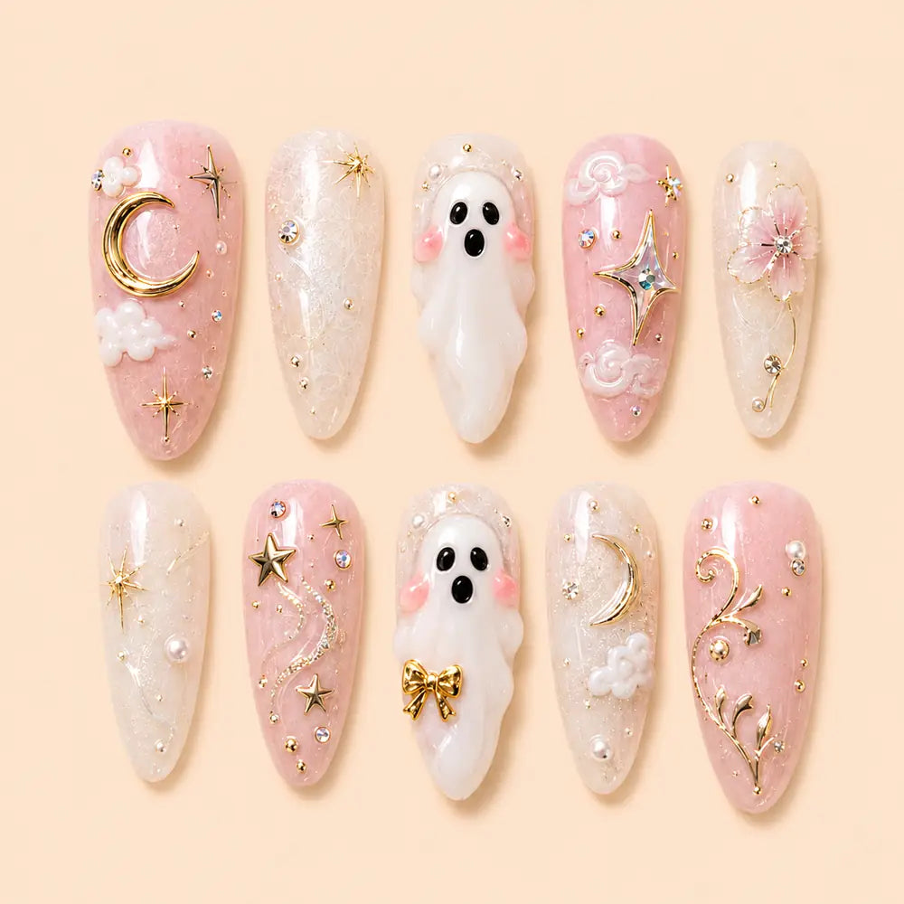 Pink Ghost Moon 3D Press On Nails — image 1