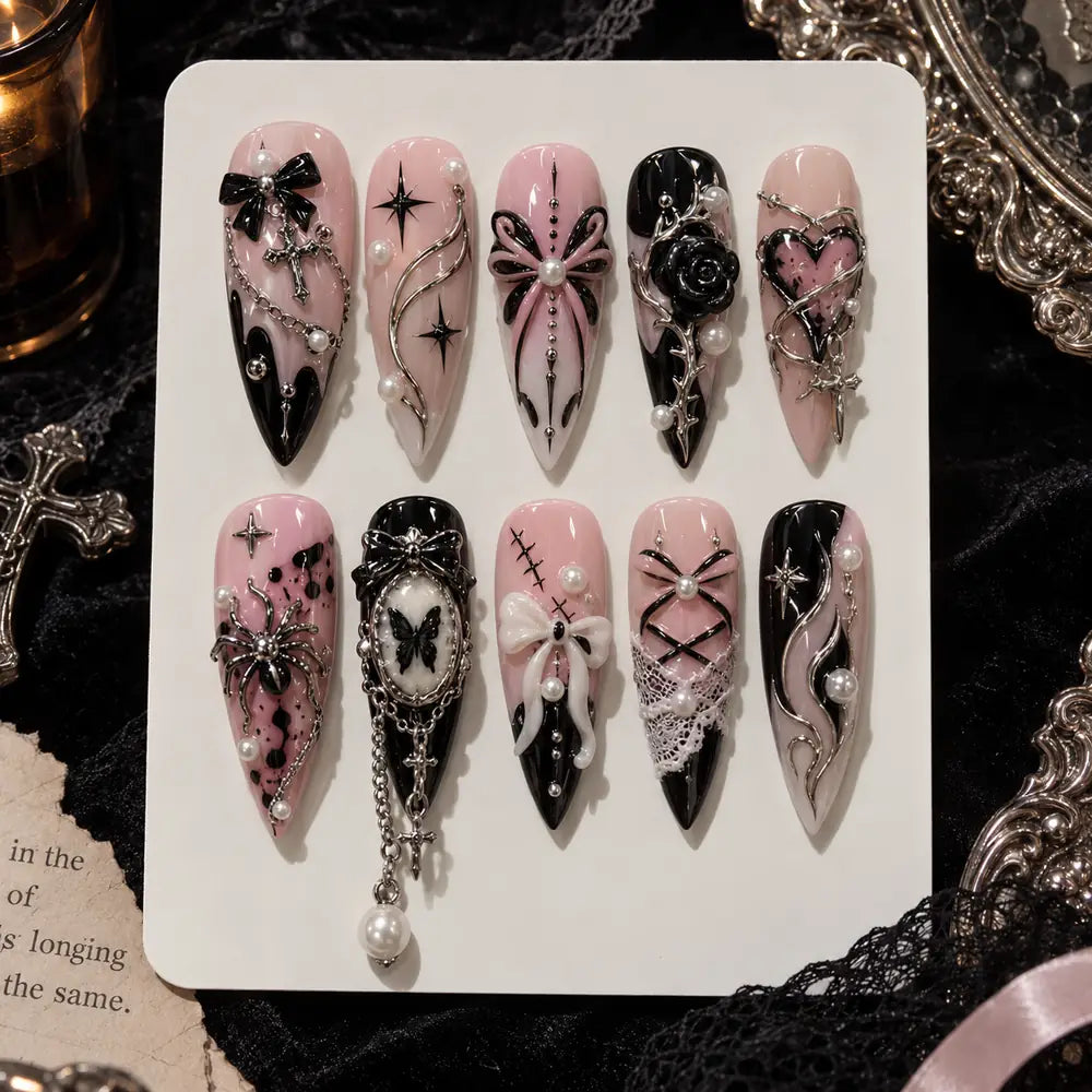 Pink Gothic Cross & Bow 3D Stiletto Press On Nails — image 2