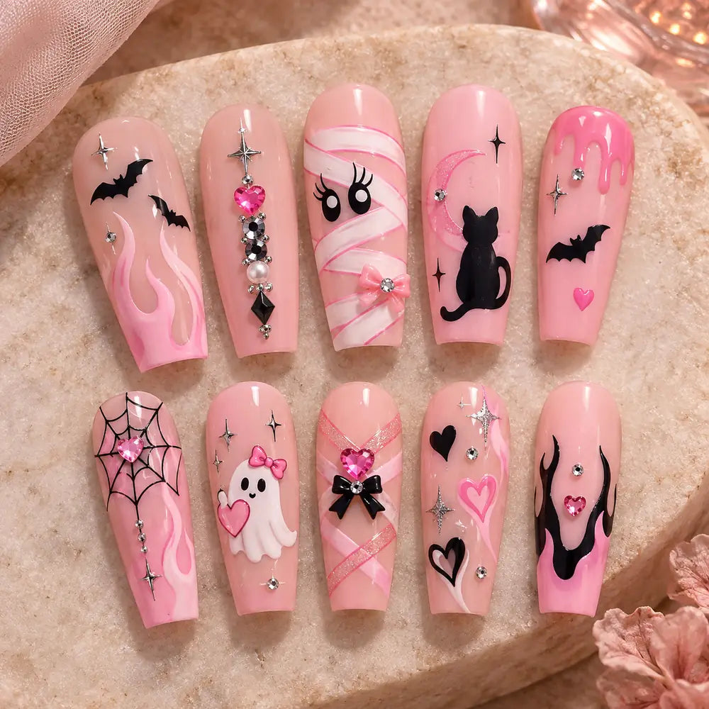 Pink Halloween Cat Ghost Rhinestone Coffin Press On Nails — image 2