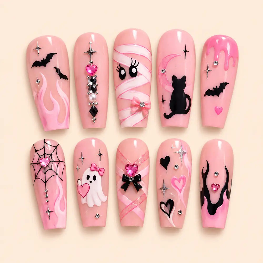 Pink Halloween Cat Ghost Rhinestone Coffin Press On Nails — image 1