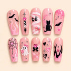 Pink Halloween Cat Ghost Rhinestone Coffin Press On Nails — image 1