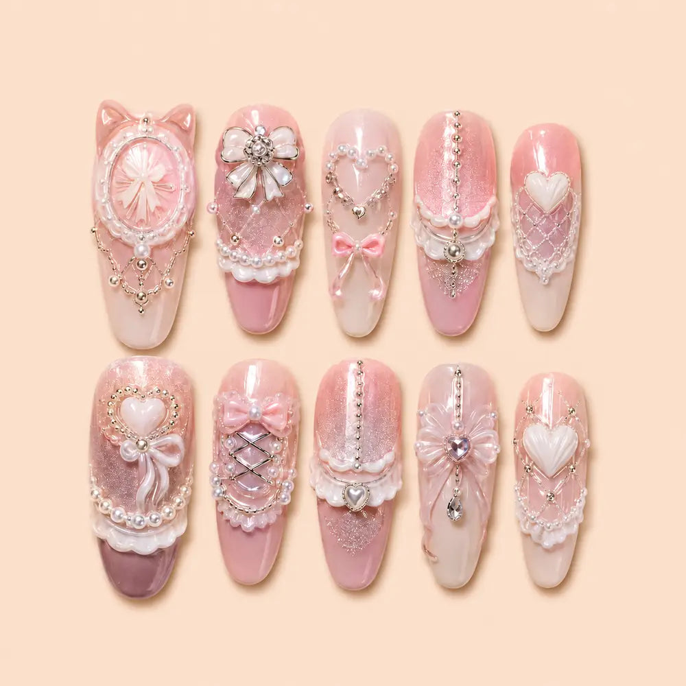 Pink Heart Bow Coquette 3D Press On Nails — image 1