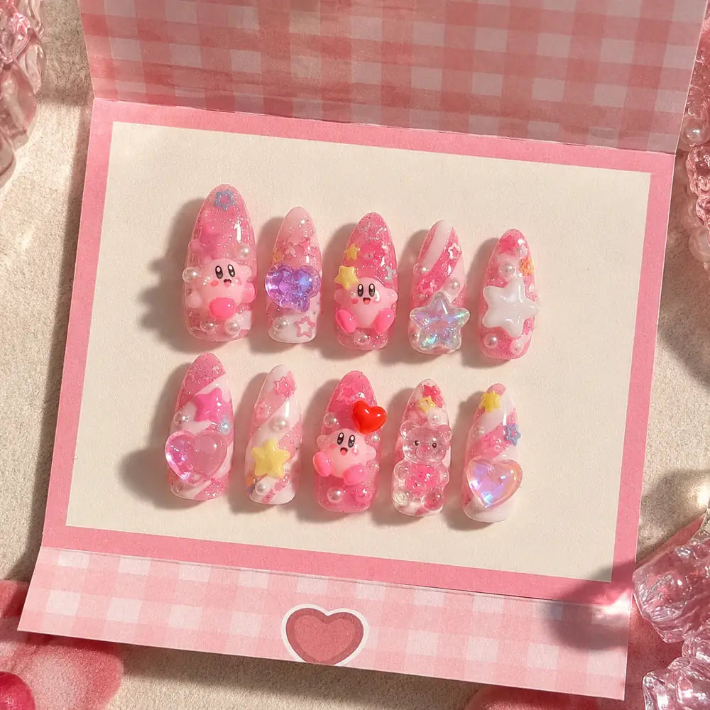 Pink Kawaii Star Character Heart Gem Press On Nails — image 2