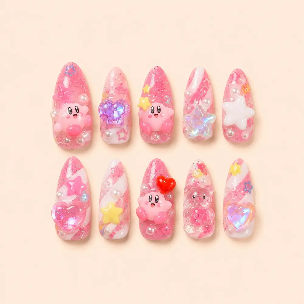 Pink Kawaii Star Character Heart Gem Press On Nails — image 1