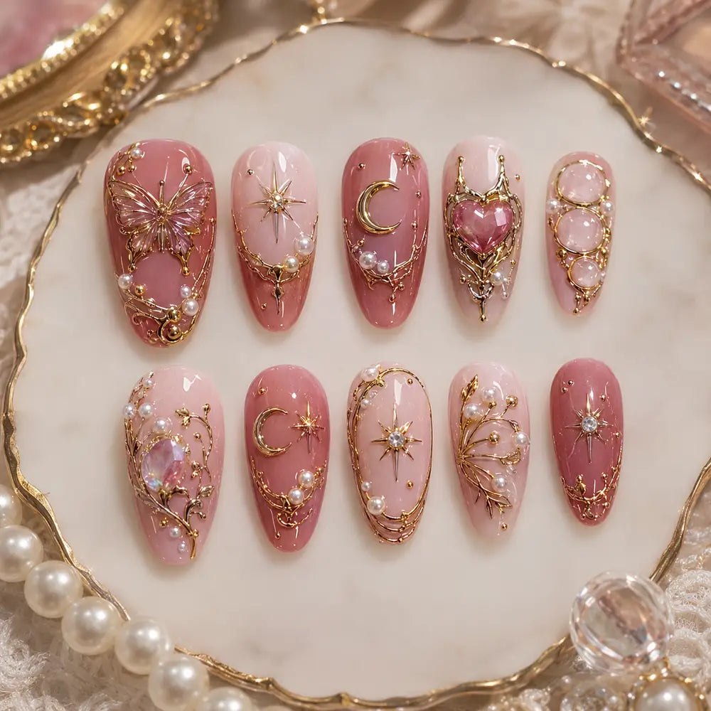 Pink Moonlit Butterfly Heart 3D Press On Nails — image 2