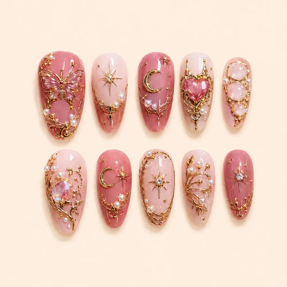 Pink Moonlit Butterfly Heart 3D Press On Nails — image 1