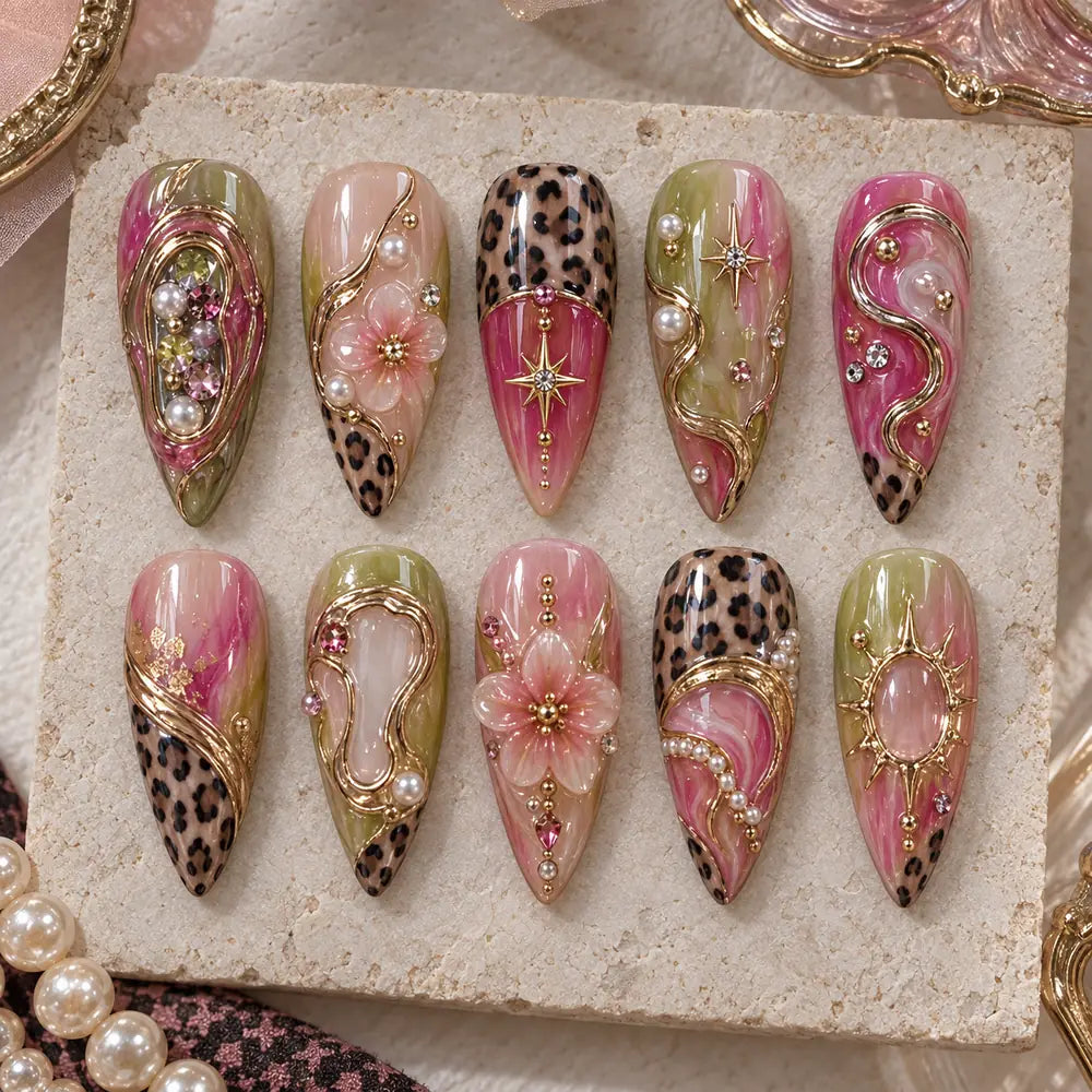 Pink Olive Leopard Starburst 3D Press On Nails — image 2