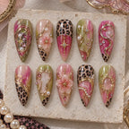 Pink Olive Leopard Starburst 3D Press On Nails — image 2