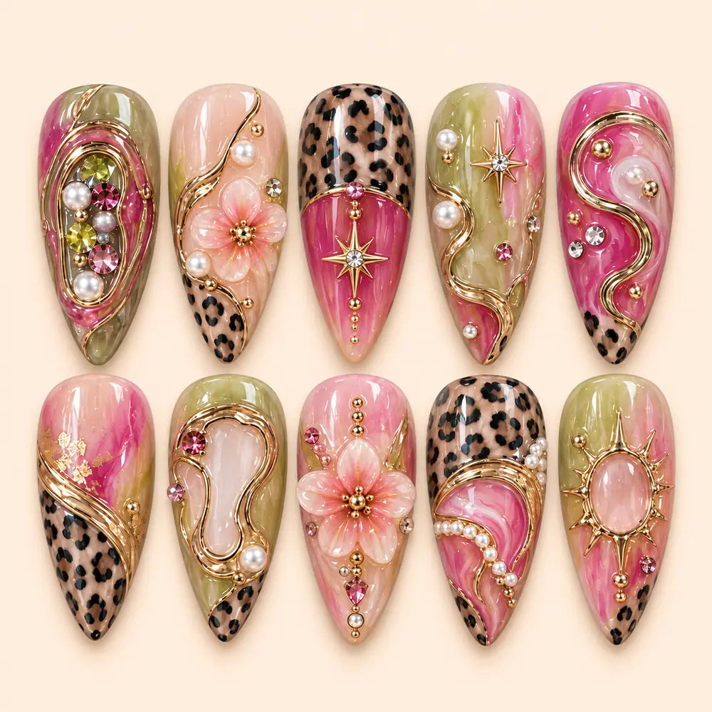 Pink Olive Leopard Starburst 3D Press On Nails — image 1