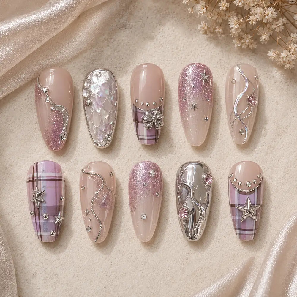 Pink Plaid Star Charm Press On Nails — image 2
