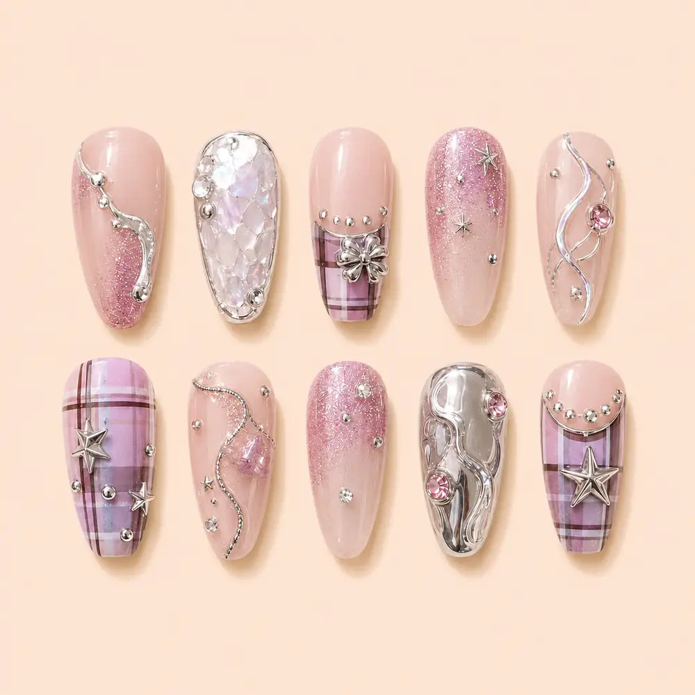 Pink Plaid Star Charm Press On Nails — image 1