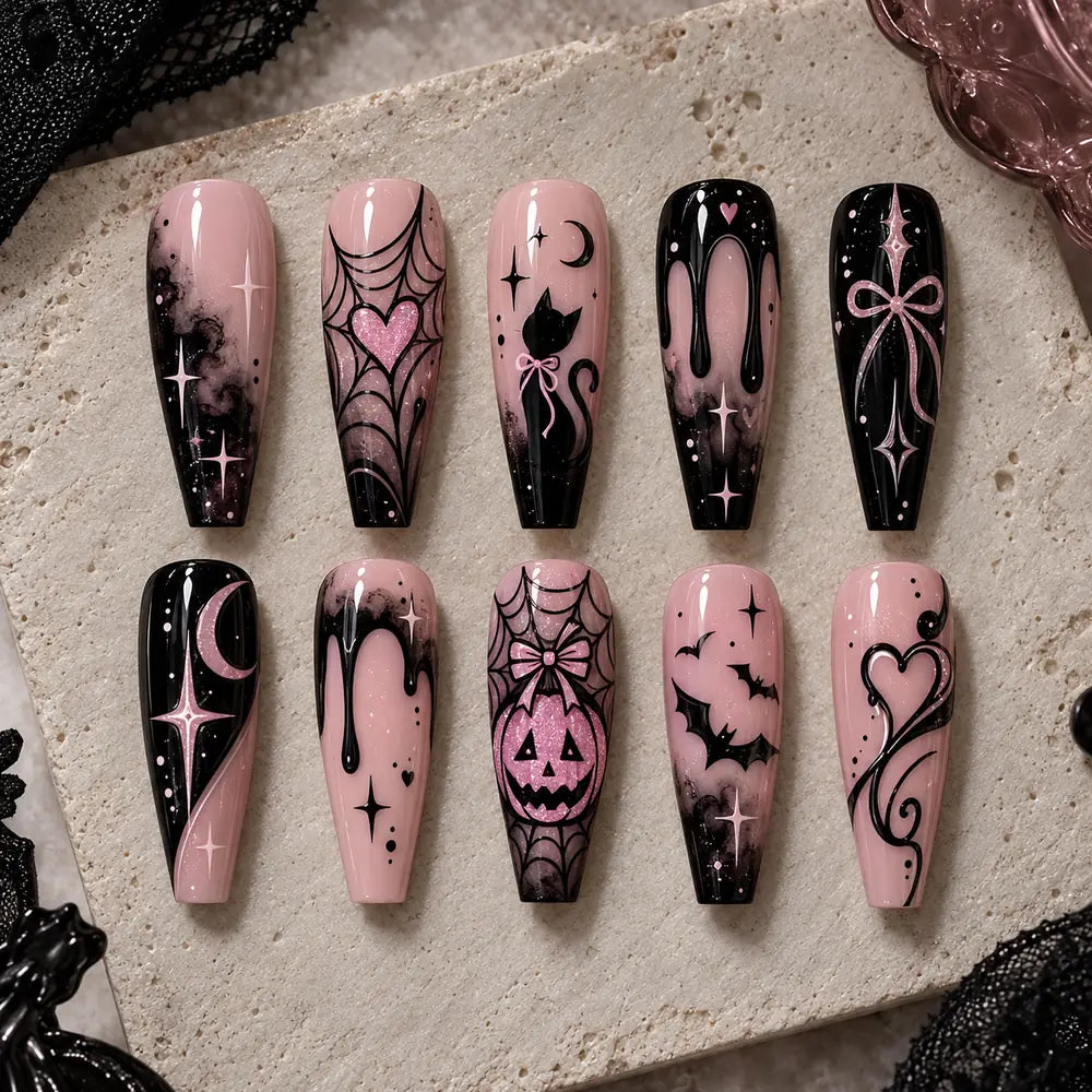 Pink Pumpkin & Bat Halloween Press On Nails — image 2