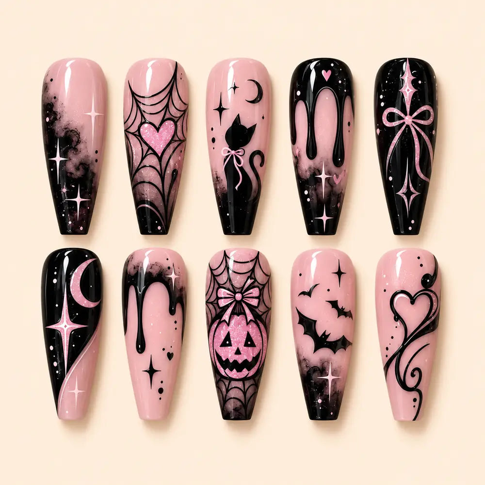 Pink Pumpkin & Bat Halloween Press On Nails — image 1