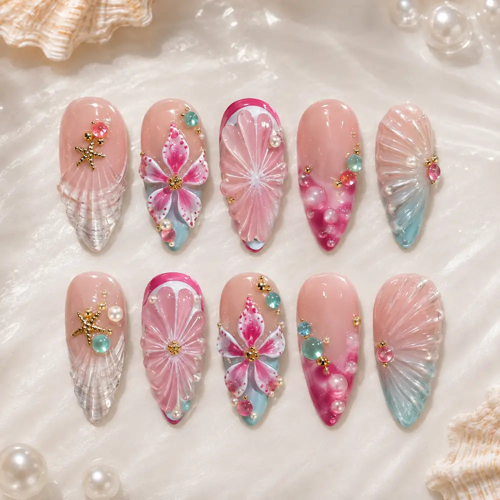 Pink Seashell Starfish 3D Press On Nails — image 2