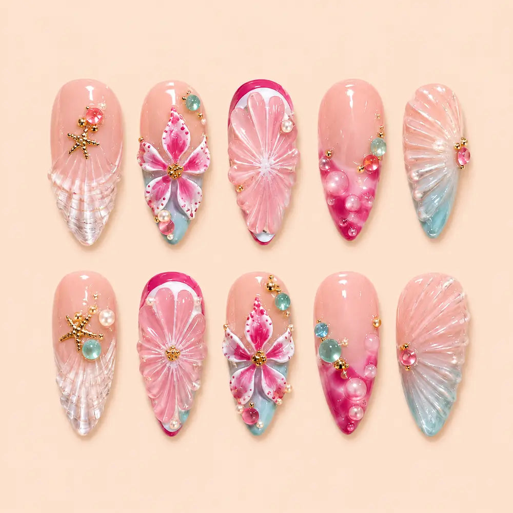Pink Seashell Starfish 3D Press On Nails — image 1