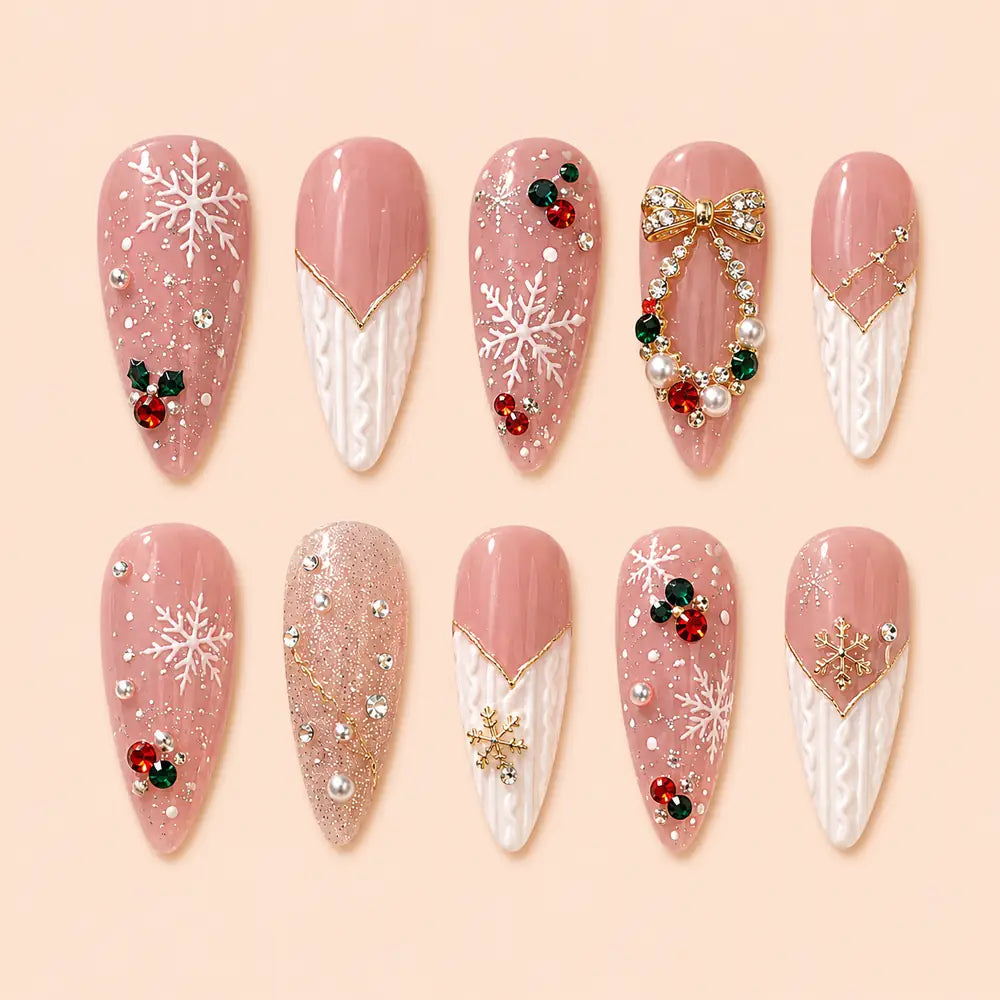 Pink Snowflake Wreath 3D Press On Nails — image 1
