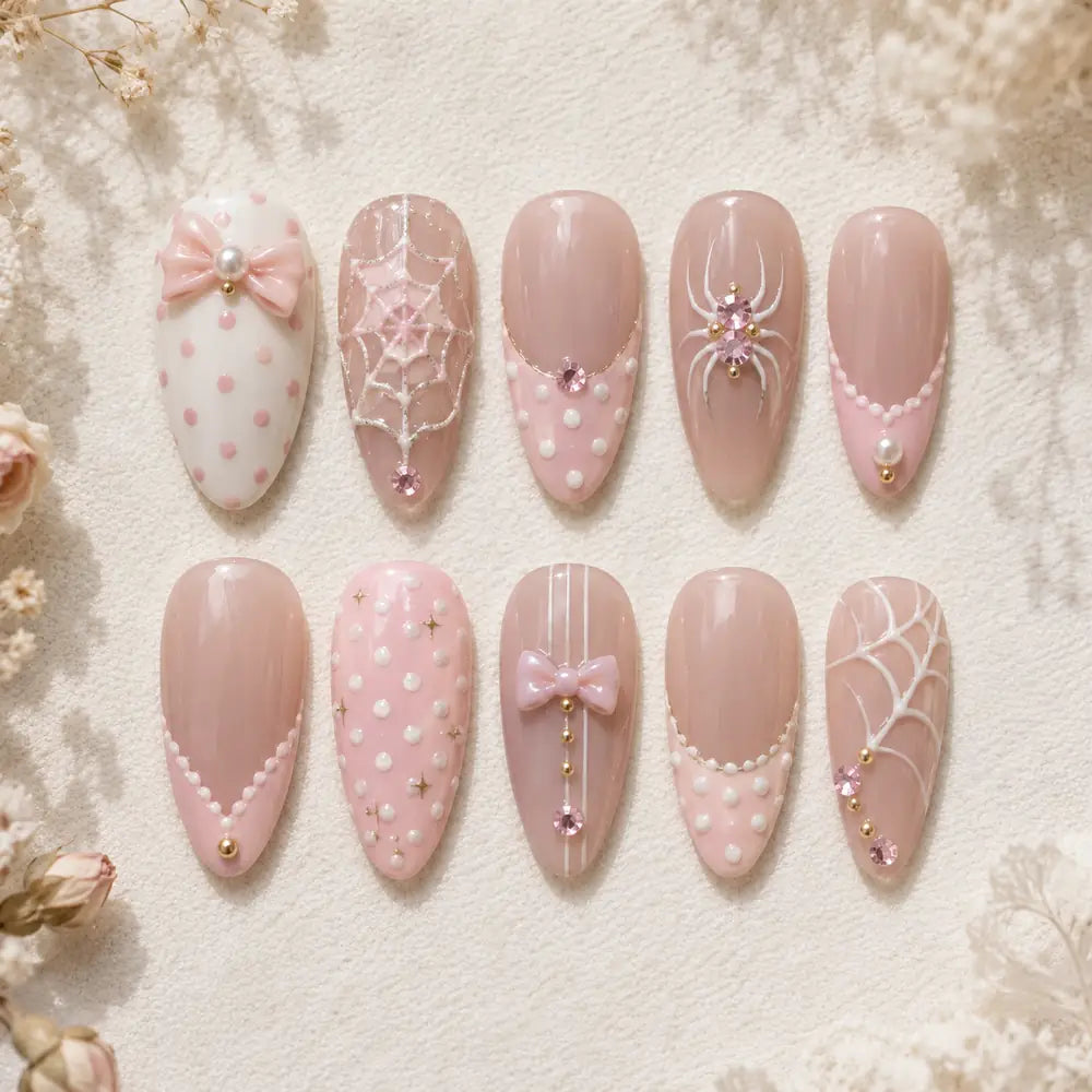 Pink Spiderweb Bow Rhinestone Press On Nails — image 2