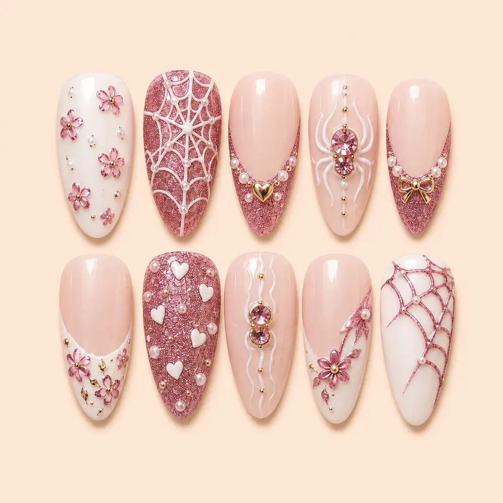 Pink Spiderweb Rhinestone Press On Nails — image 1