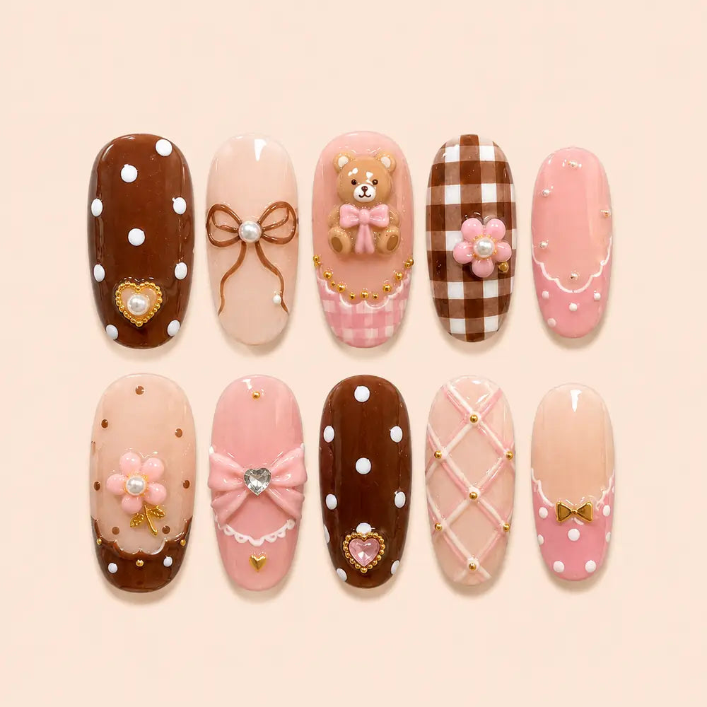 Pink Teddy Bear Bow Coquette Press On Nails — image 1