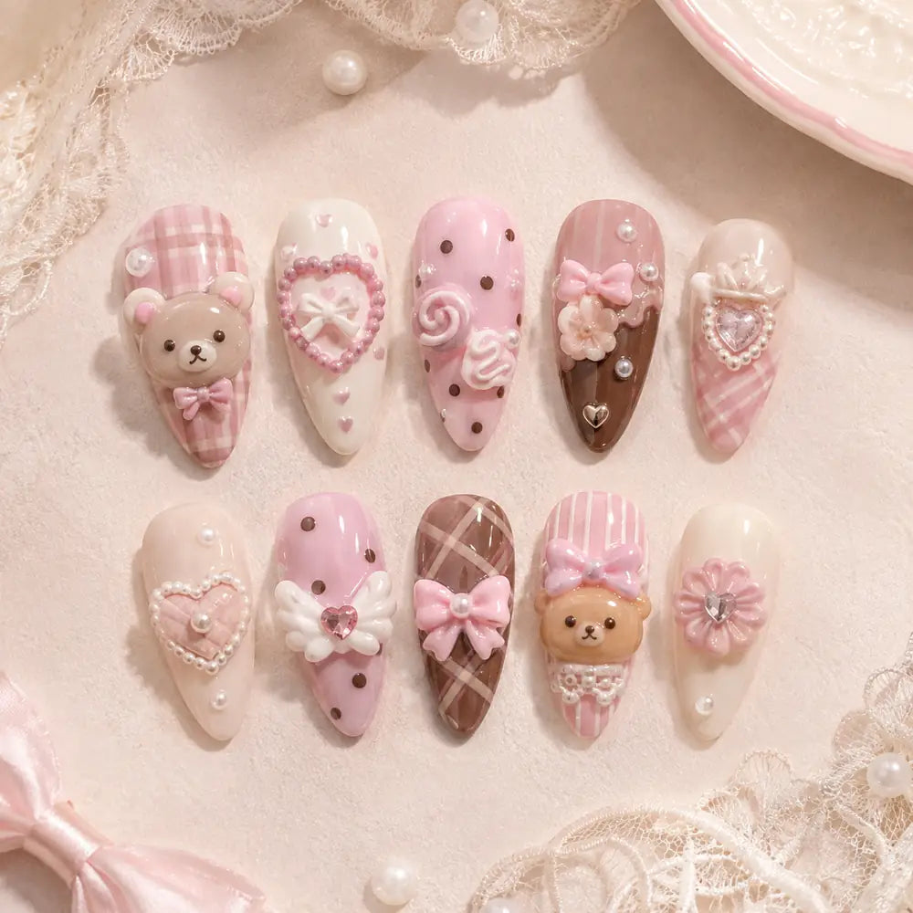 Pink Teddy Bear Candy Heart 3D Press On Nails — image 2