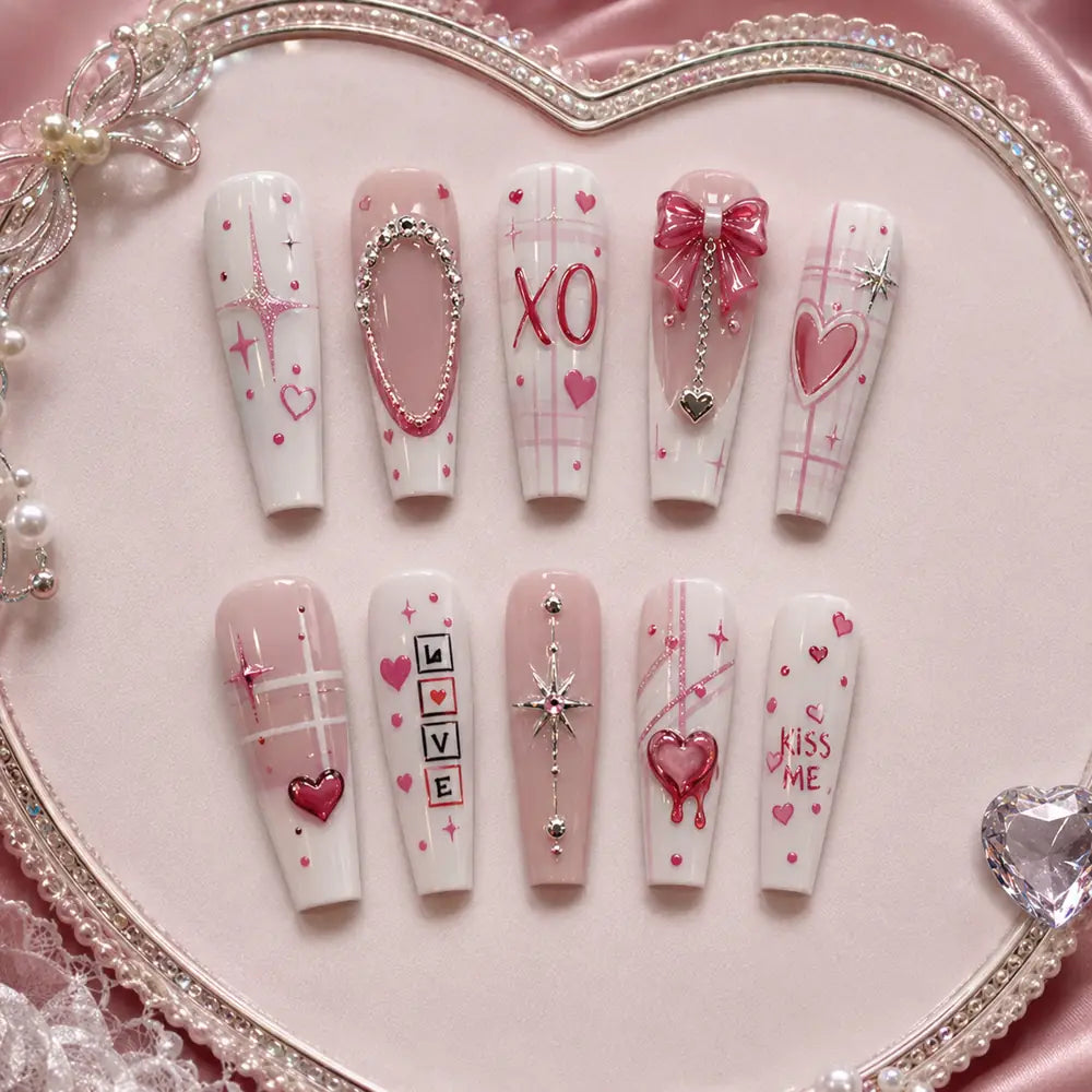 Pink XO Love Charm 3D Coffin Press On Nails — image 2