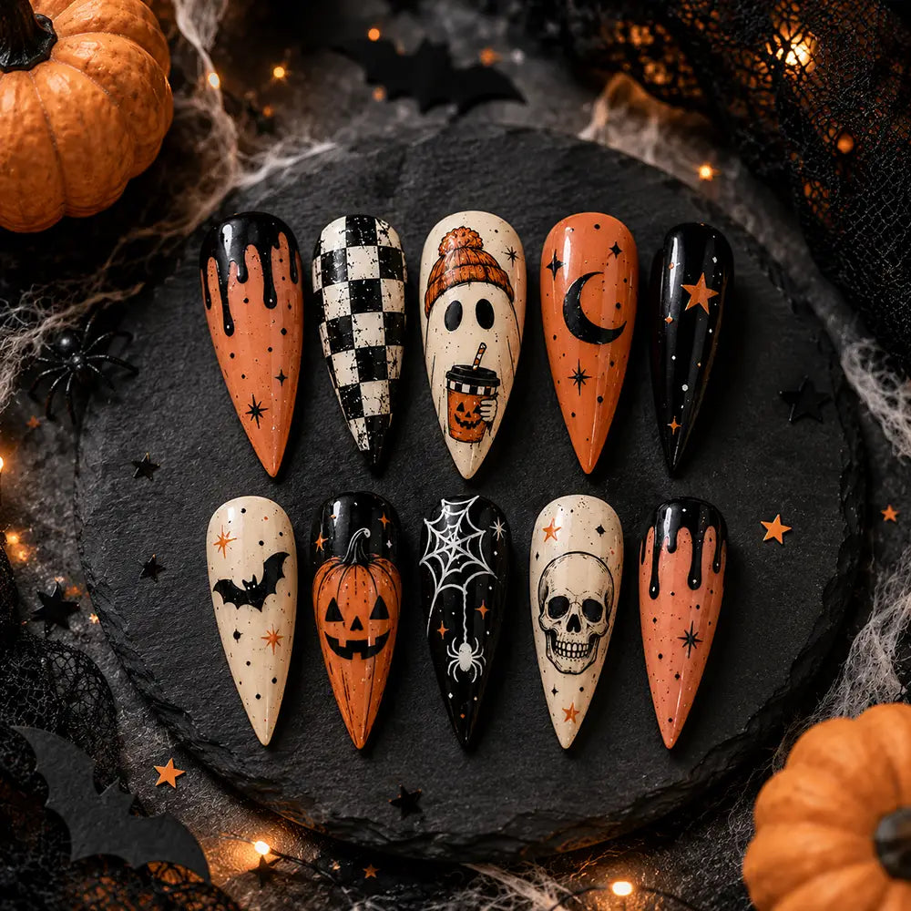 Playful Halloween Skull Spiderweb Glitter Press On Nails