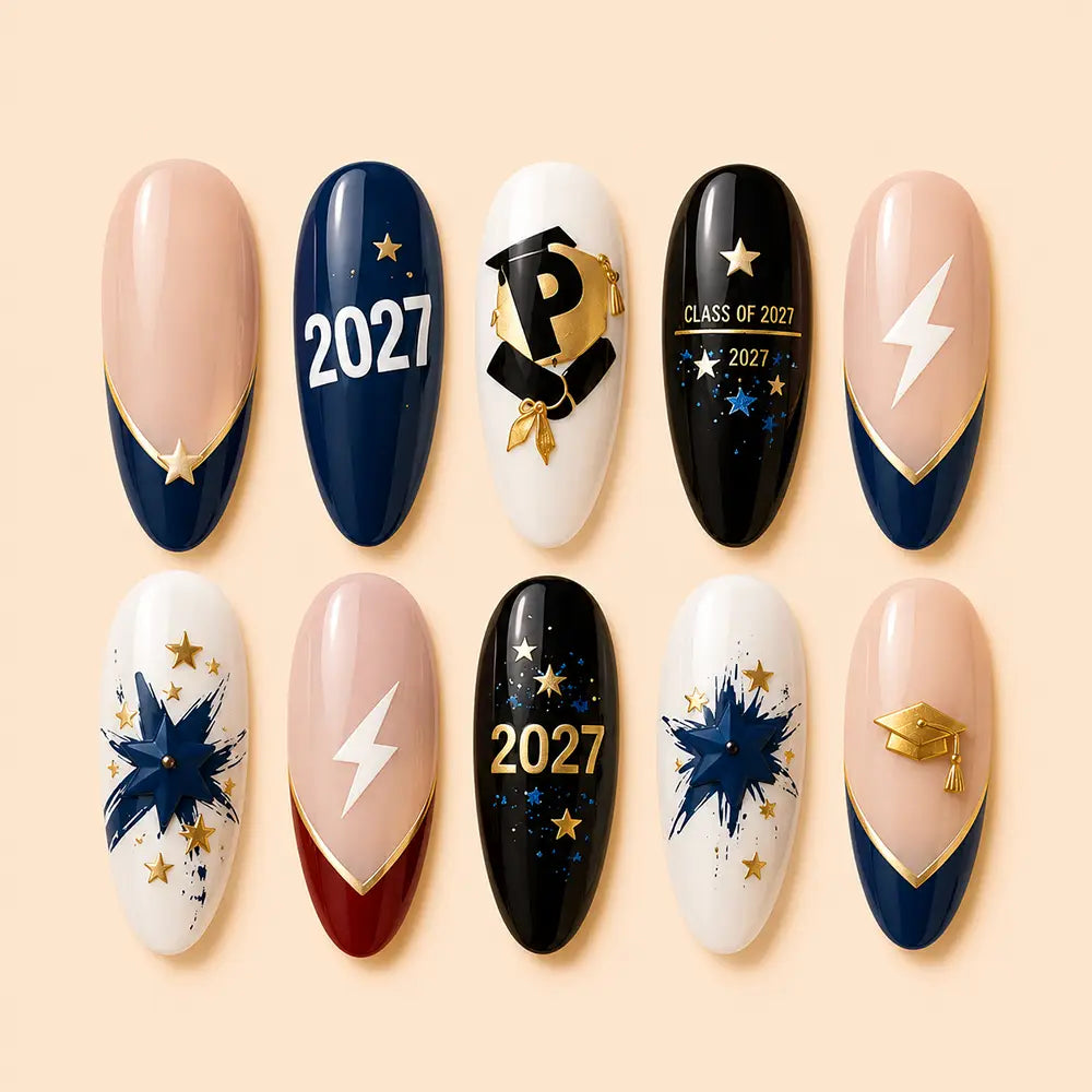 Preppy Graduation Cap & Glitter Gold Press On Nails
