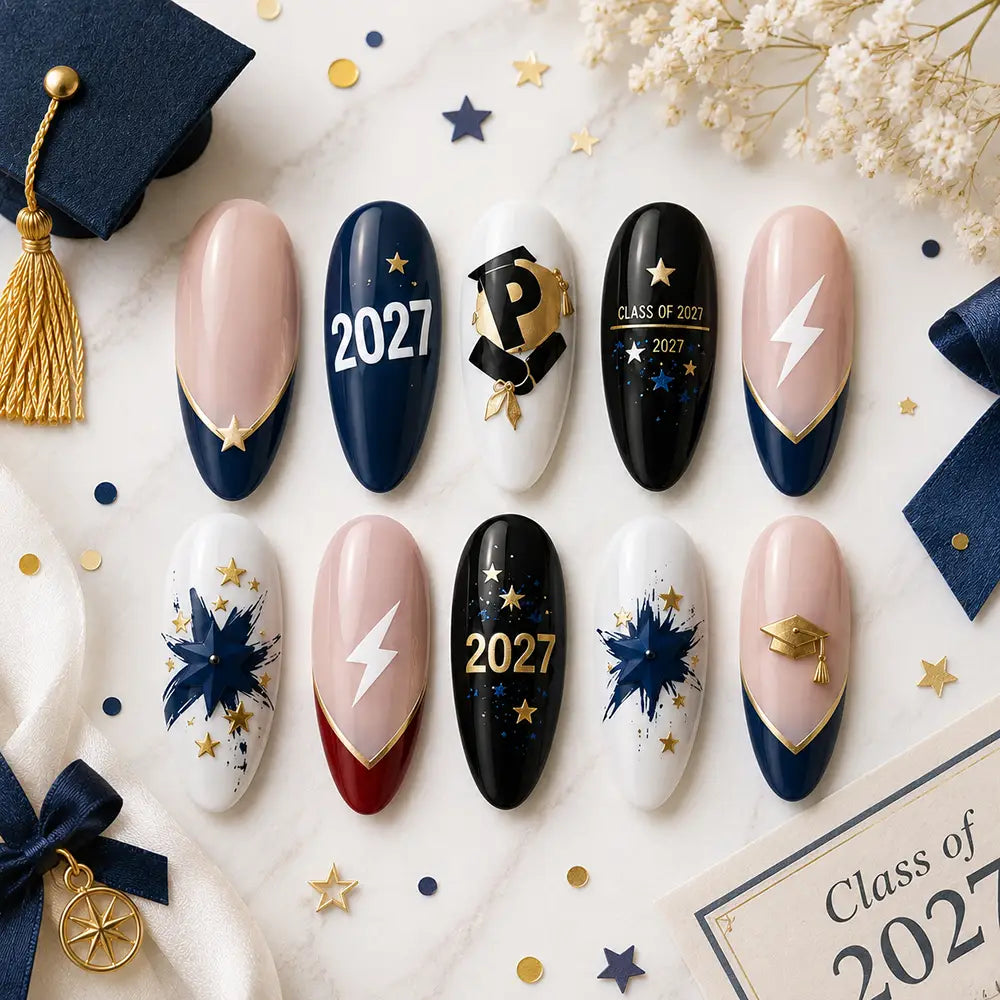 Preppy Graduation Cap & Glitter Gold Press On Nails