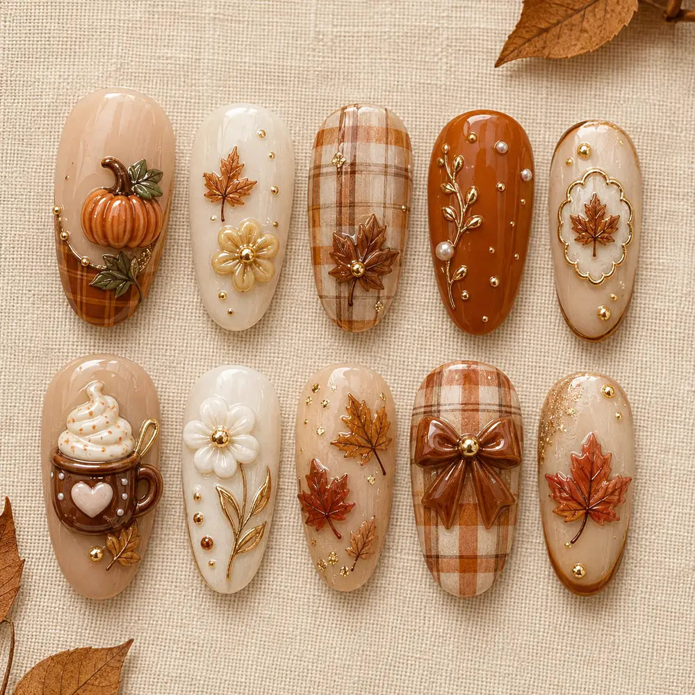 Pumpkin Spice Plaid 3D Thanksgiving Press On Nails — image 2
