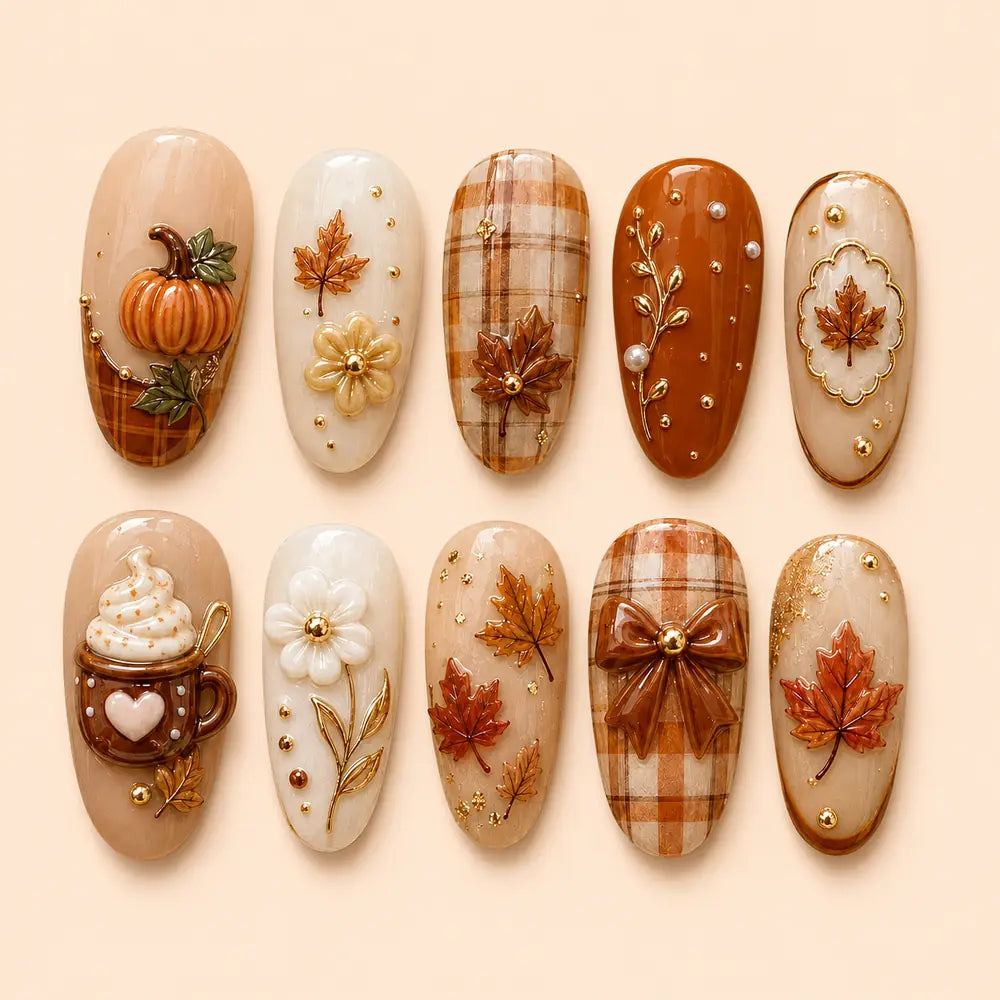 Pumpkin Spice Plaid 3D Thanksgiving Press On Nails — image 1