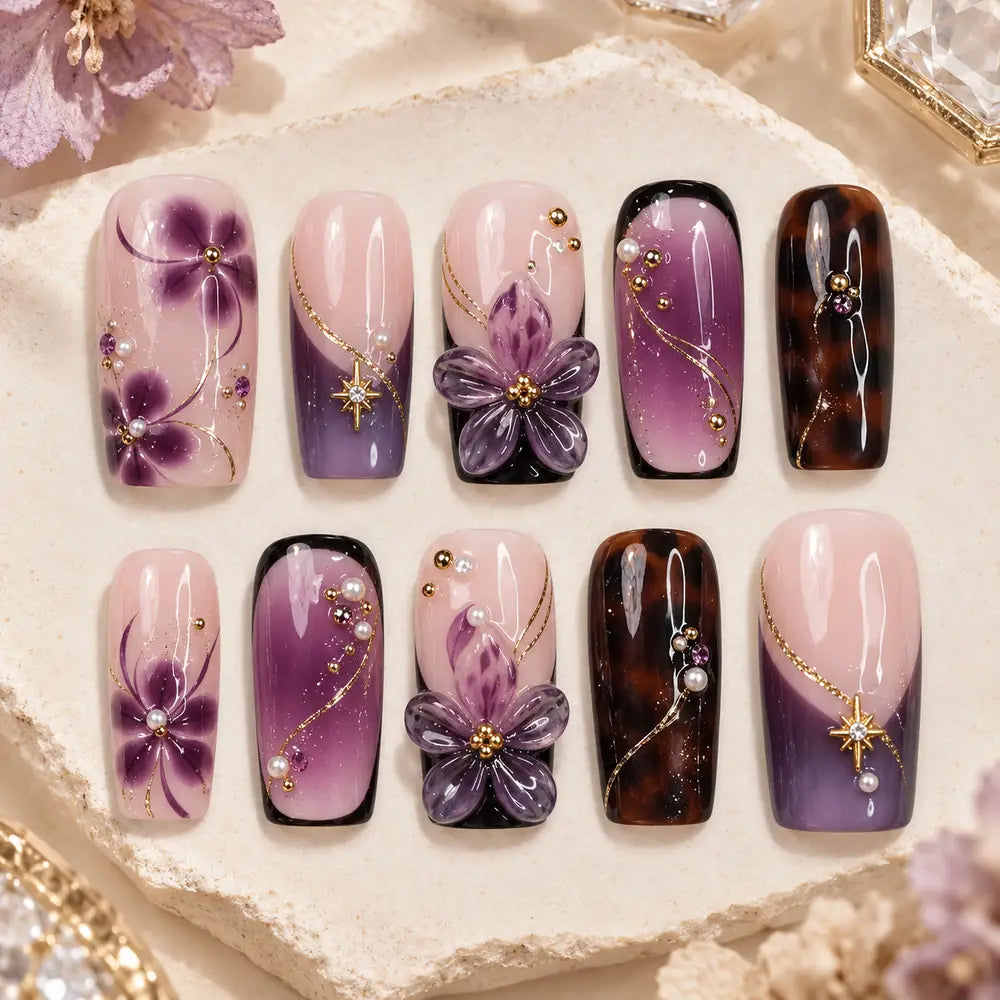 Purple Garden 3D Floral Press On Nails — image 2