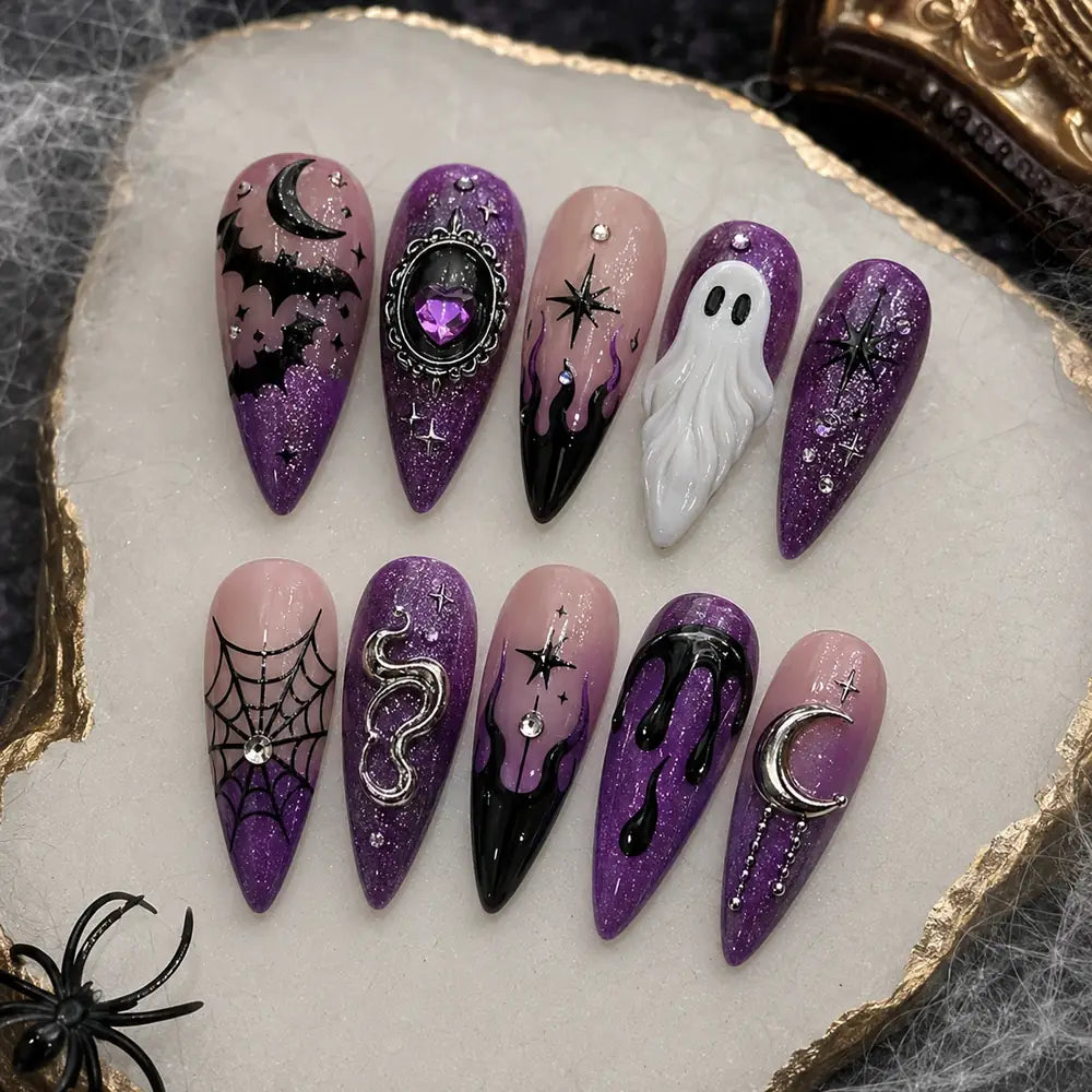 Purple Haunted Night Ghost & Bat 3D Press On Nails — image 2