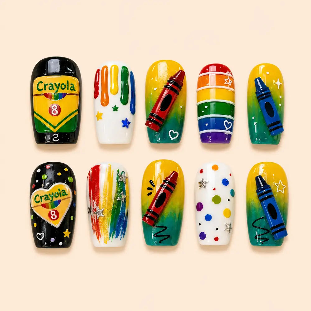 Rainbow Crayon School Art 3D Press On Nails — image 1
