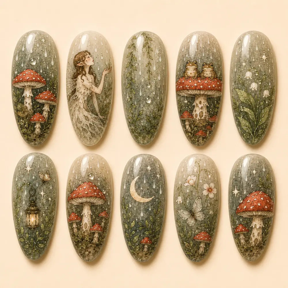Rainy Woodland Mushroom & Forest Fairy Press On Nails
