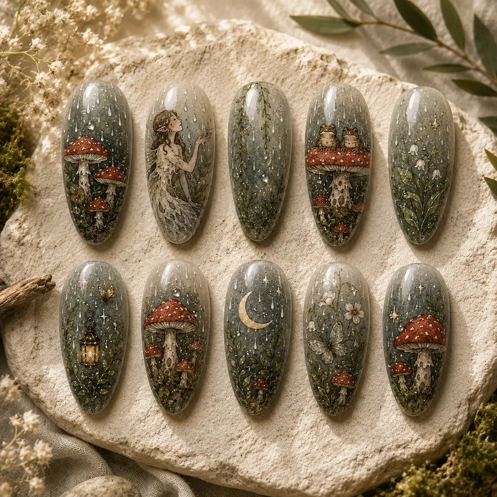 Rainy Woodland Mushroom & Forest Fairy Press On Nails