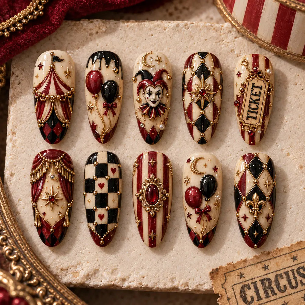 Red and Black Carnival Jester 3D Press On Nails — image 2
