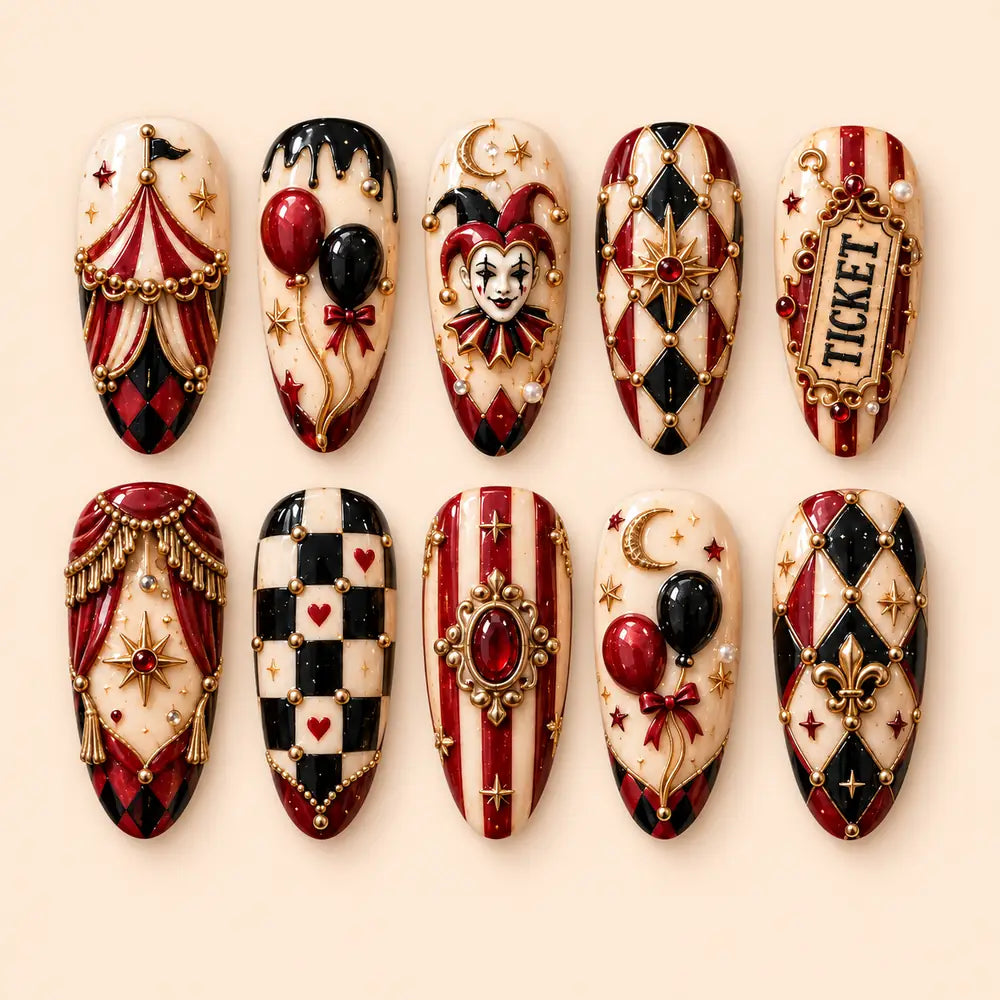 Red and Black Carnival Jester 3D Press On Nails — image 1