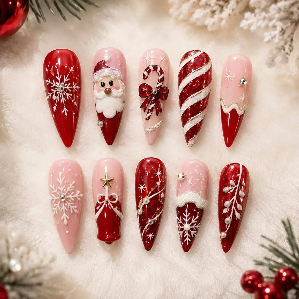 Red Glitter Santa & Candy Cane Press On Nails — image 2