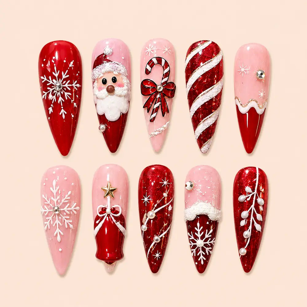 Red Glitter Santa & Candy Cane Press On Nails — image 1