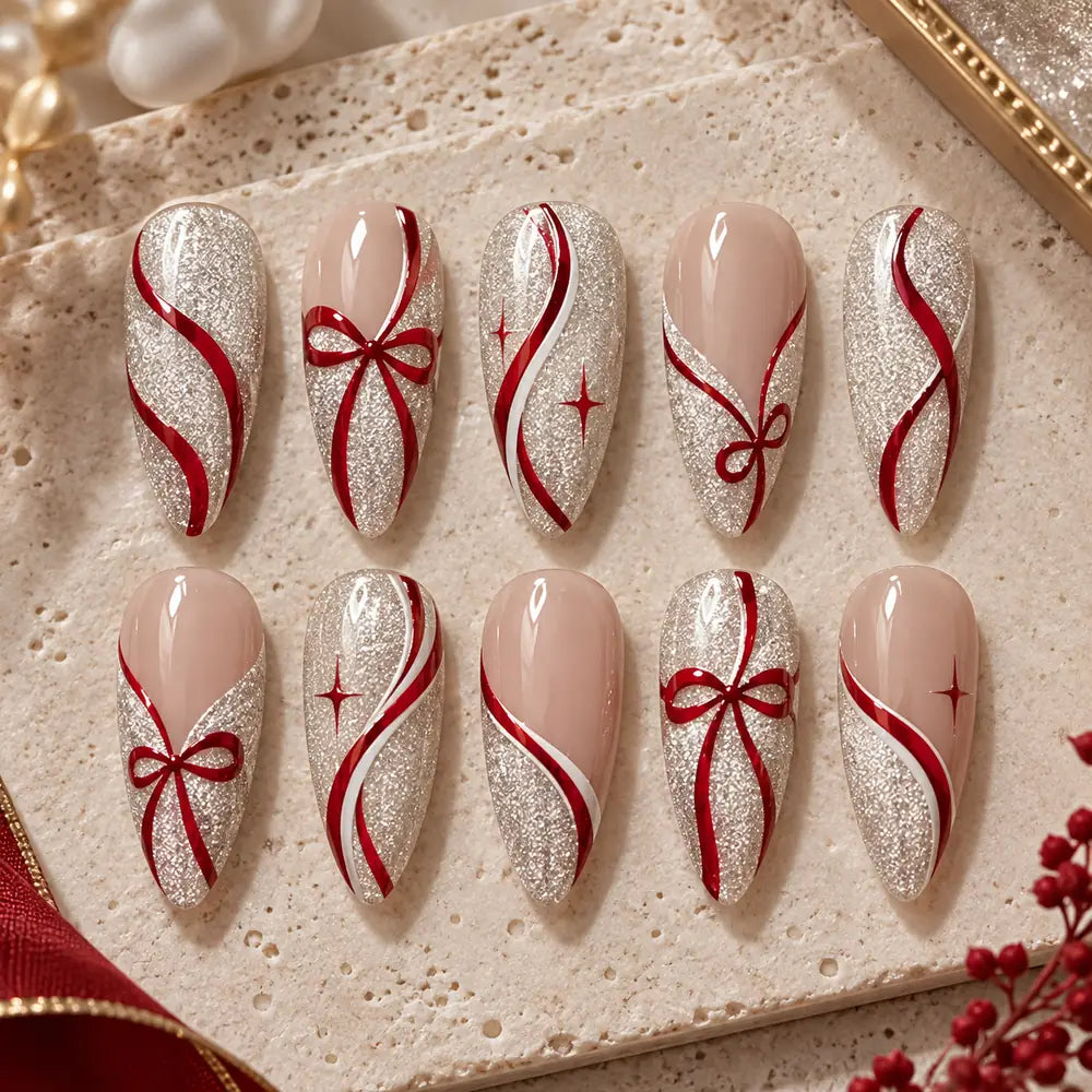 Red Ribbon Bow Silver Glitter Press On Nails — image 2