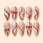 Red Ribbon Bow Silver Glitter Press On Nails — image 1