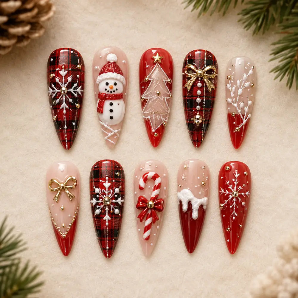 Red Tartan Snowman Christmas 3D Press On Nails — image 2