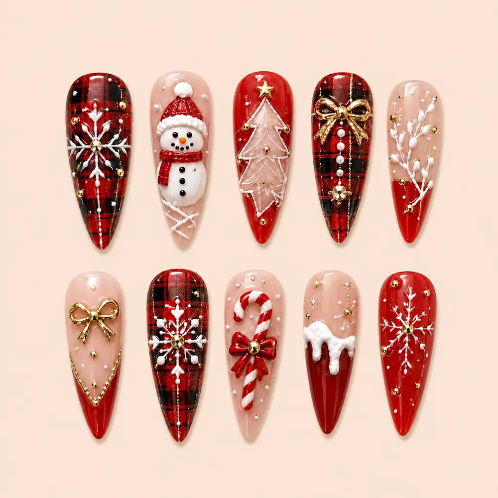 Red Tartan Snowman Christmas 3D Press On Nails — image 1