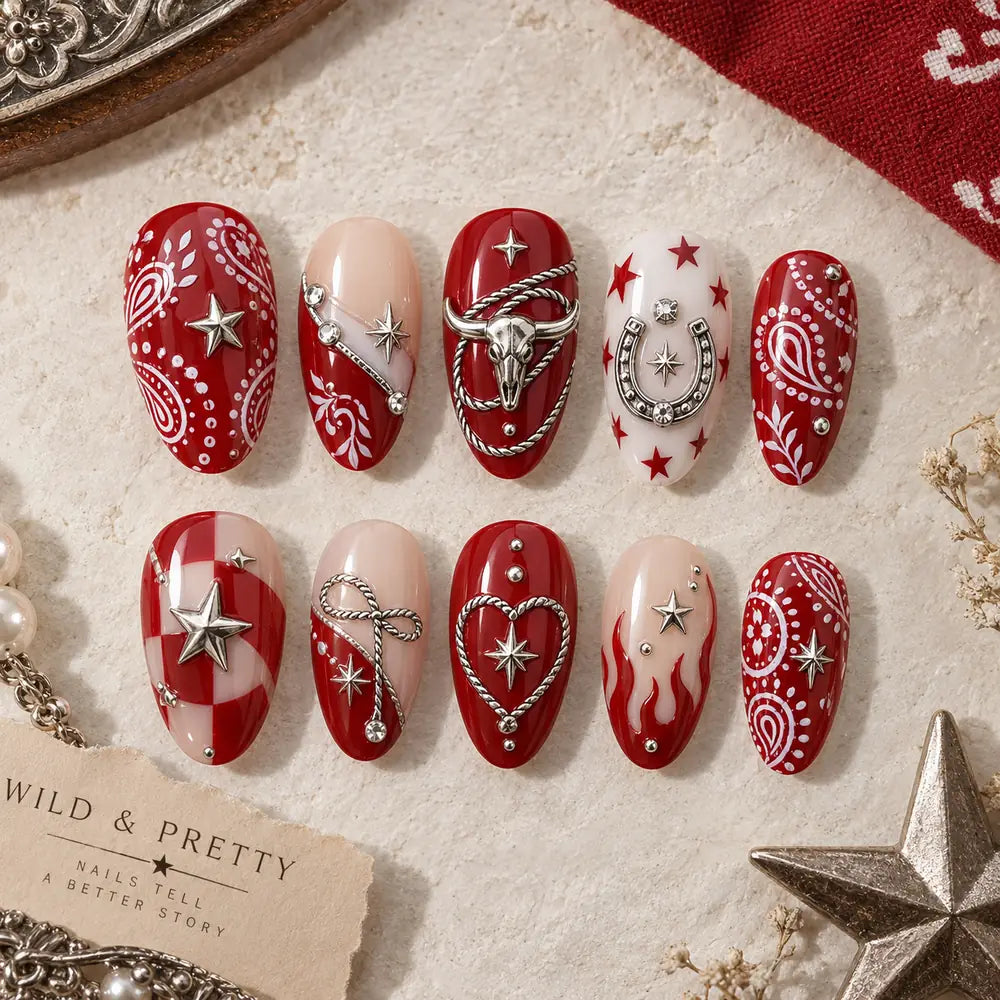 Red Western Rodeo 3D Rhinestone Press On Nails — image 2